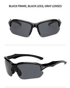 Macro detail of black sports sunglasses frame with grey lenses and sleek wrap-around design