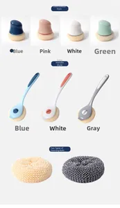 Close-up of ergonomic long and short handle kitchen cleaning brushes with mesh scrubbers