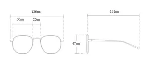 Size chart for retro round sunglasses with detailed frame dimensions in millimeters