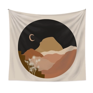 Bohemian tapestry with abstract mountain moon geometry in earth tones for wall decor