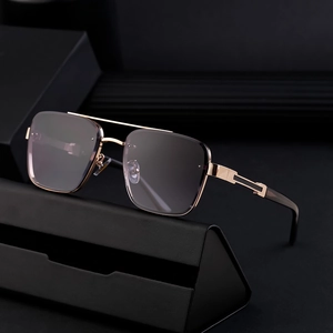 Classic square rose gold metal frame sunglasses for men with dark lenses and leather case
