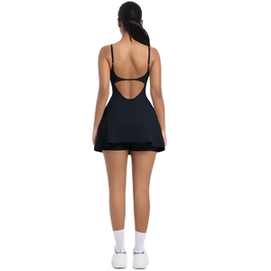 Detail of sports dress showing the back cutout design and built-in safety shorts