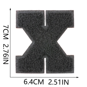 Detailed size chart for black chenille letter X patch with 7cm height dimensions