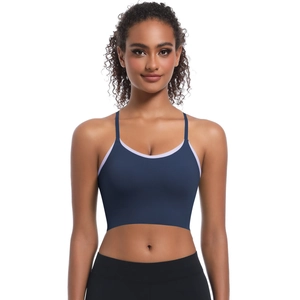 Close-up of dark blue sports bra with lavender contrast piping and thin shoulder straps