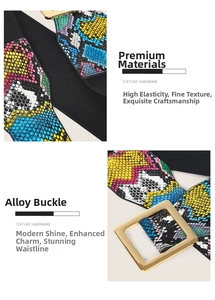Detail of colorful snakeskin pattern elastic belt with large golden square alloy buckle