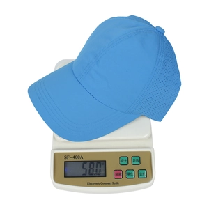 Lightweight breathable sky blue mesh baseball cap weighing only 58.0 grams on scale