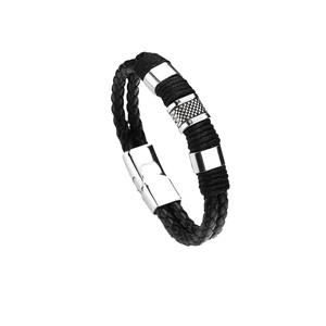Men's black braided leather bracelet with silver magnetic clasp and textured metal ring