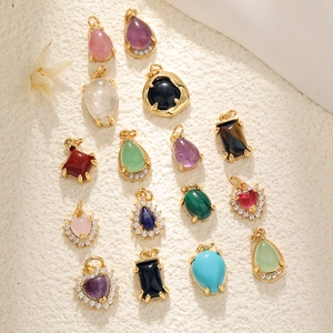 Natural Crystal Stone Heart Water Drop Pendant Gold Plated Copper Charm Zircon Inlay For Necklace Bracelet DIY Jewelry