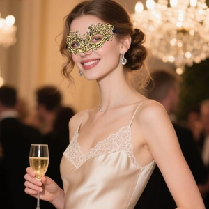 Elegant gold lace masquerade mask worn by a model in a luxury evening party setting