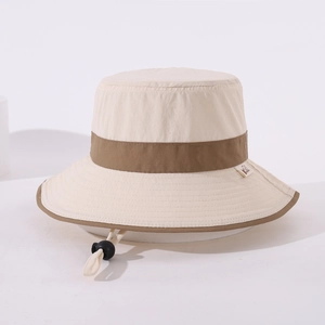 Beige wide brim kids sun hat with adjustable drawstring for outdoor protection