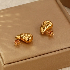 Waterdrop shape earrings with diamond grid texture in 18K gold plated stainless steel