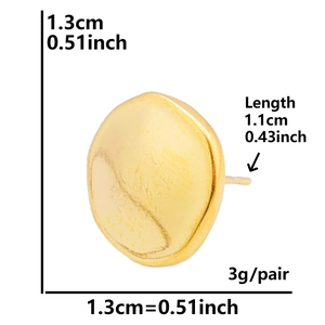 Macro view of gold round textured earrings with detailed dimension measurements