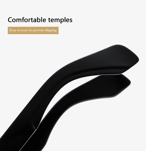 Close-up of glossy black temples with ergonomic anti-slip design for comfort and stability