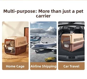 Pet carrier shown in home, airport, and car trunk settings for versatile travel use