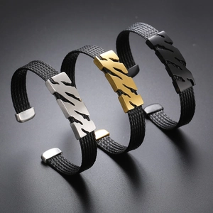 Bracelet Jonc Ouvert Pour Homme En Acier Inoxydable Sangle En Maille Tressée Motif Étoile Creuse Hip Hop Bijoux