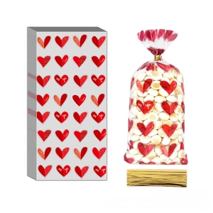 Detailed view of heart pattern candy bags with twist ties for Valentine gift packaging
