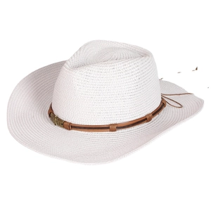 Men's stylish straw cowboy hat in beige with wide brim and brown leather band detail