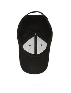 Detailed interior view of black baseball cap showing reinforced seams and adjustable strap