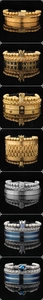 Detailed set of men's crown and skull bracelets with Roman numerals and cubic zirconia