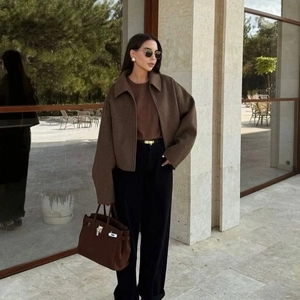 Veste Courte En Laine Pour Femme Avec Revers Fermeture Éclair Manches Longues Coupe Ample Style Britannique Décontracté
