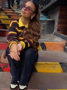 Women's autumn POLO knit sweater with colorful stripes and casual street style