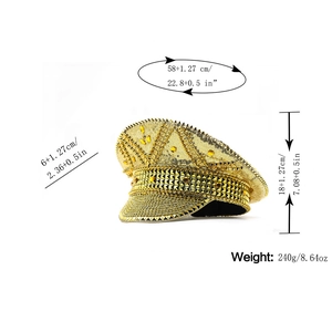 Detailed dimensions of gold sequin bride captain hat with studs for party wear