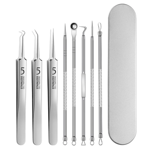 8-piece stainless steel blackhead remover set with cell tweezers and metal storage case