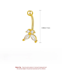 Detailed view of golden copper belly ring with flower zirconia inlay and dimensions