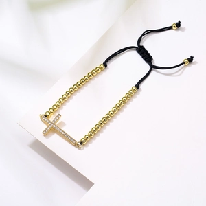 Cross charm bracelet with 18K gold plated beads and adjustable black string for women