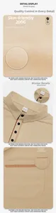 Detail of beige cotton polo shirt showing the twill fabric texture and pocket stitching