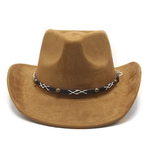 Detailed view of bronze rivets and white cross-stitching on faux suede cowboy hat