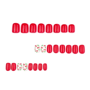 Short square press-on nails set featuring cherry patterns and glossy red finish