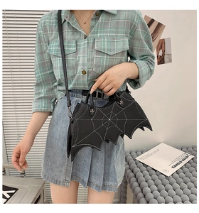 Macro detail of the spider web stitching on this black bat shaped leather handbag
