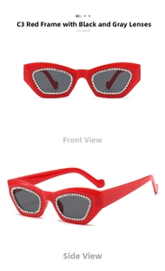 Detail view of red cat eye sunglasses with silver rhinestones and dark polarized lenses