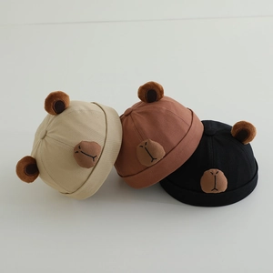 Cute kids bear ear beanie hats in beige, brown and black colors made of cotton
