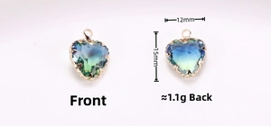 Detailed size and weight view of blue-green gradient heart pendant with gold edging