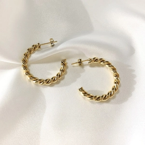Classic gold twisted rope hoop earrings in polished stainless steel for women