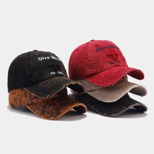 Washed Cotton Distressed Baseball Cap Vintage Dad Hat With Give Blood He Did Cross Embroidery Adjustable Streetwear Hat