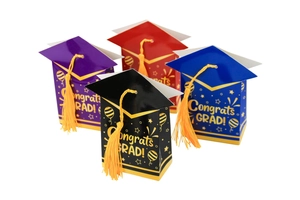 Detail of graduation cap candy boxes in purple, red, blue, and black with yellow tassels