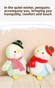 Plush Christmas penguins with colorful marble texture wearing holiday hats and scarves