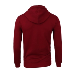 Back view of a deep red men's zip-up hoodie featuring ribbed cuffs and a fitted cut