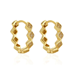 Geometric Rhombus Huggie Hoop Earrings Made Of 925 Sterling Silver With Cubic Zirconia Inlay Minimalist Fashion Jewelry