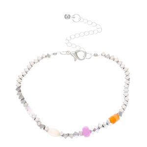 Detail view of pearl and silver square bead choker with colorful natural stones