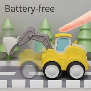 Yellow toy excavator with press-and-go drive mechanism and movable arm, no battery needed