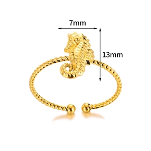 Adjustable golden stainless steel seahorse open ring with detailed marine animal charm