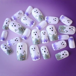 Ghost face Halloween press-on nails with purple gradient and glitter in square shape