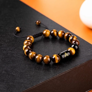 Handmade tiger eye stone bracelet with letter A bead and adjustable black woven rope