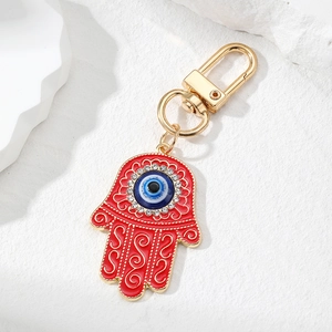 Vintage Hamsa Hand and Evil Eye keychain with red enamel and sparkling rhinestones