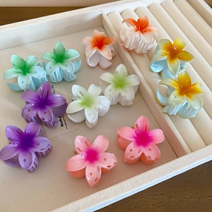 Detailed close-up of colorful sunflower hair claws with vibrant gradient petals in a box