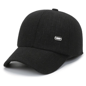 Men's winter baseball cap in black wool fabric with warm earflaps and metal logo detail